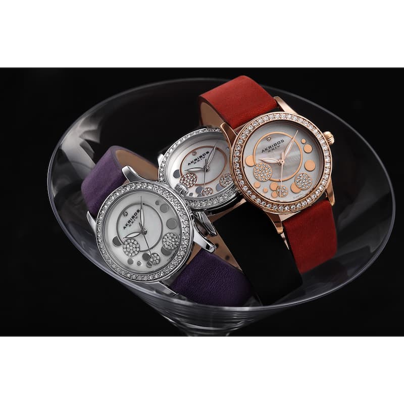 Akribos XXIV Women's Quartz Diamond Leather Red Strap Watch