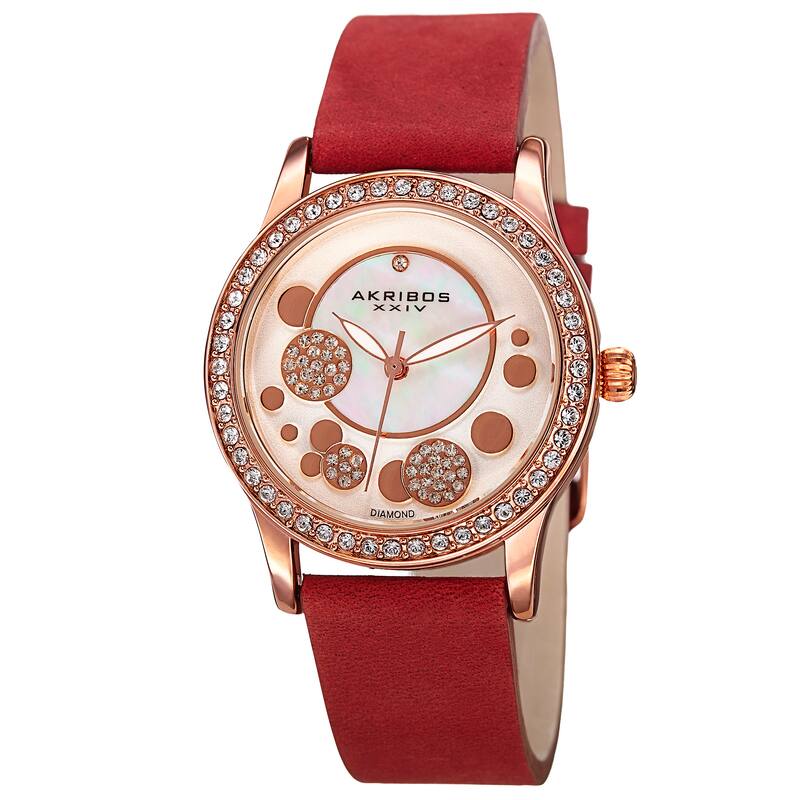 Akribos XXIV Women's Quartz Diamond Leather Red Strap Watch