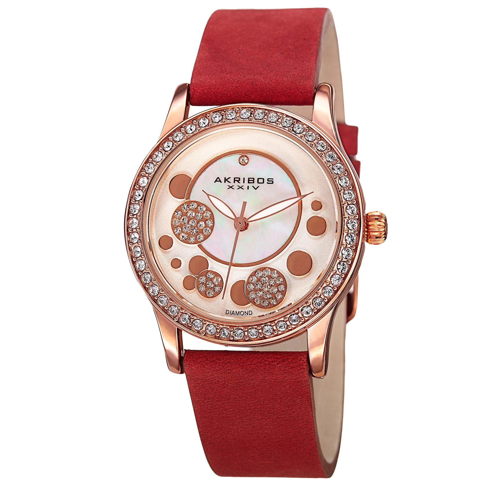 Akribos XXIV Women's Quartz Diamond Leather Red Strap Watch
