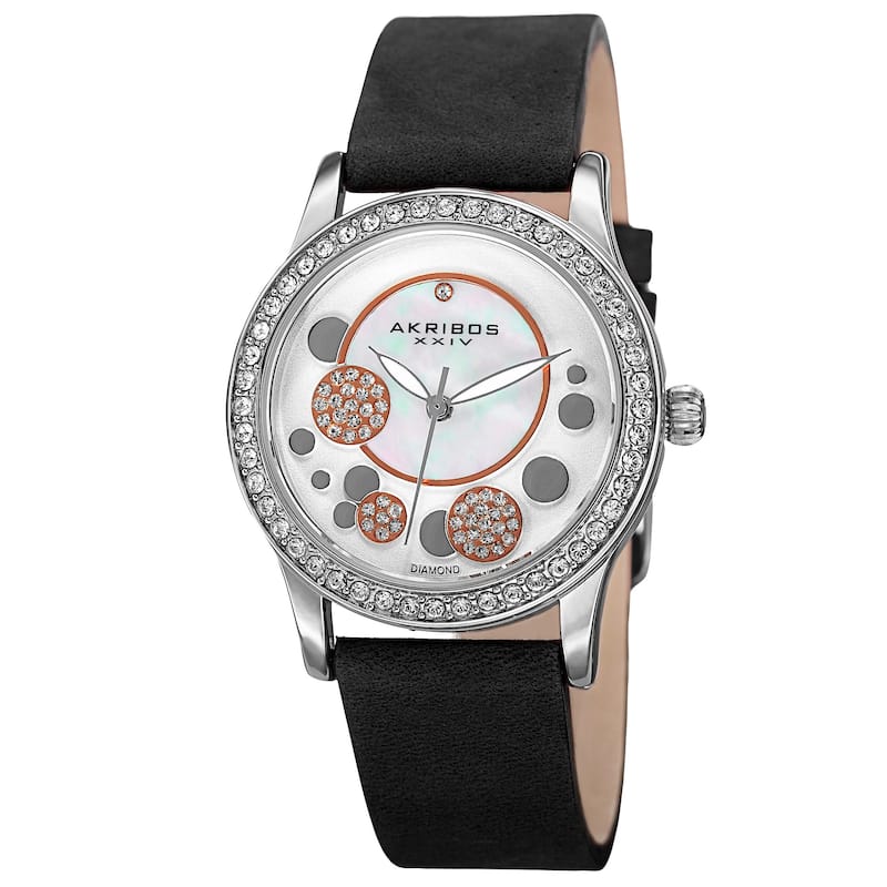 Akribos XXIV Women's Quartz Diamond Leather Black Strap Watch