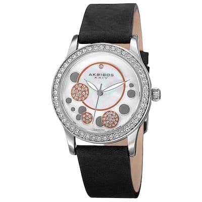 Akribos XXIV Women's Quartz Diamond Leather Black Strap Watch