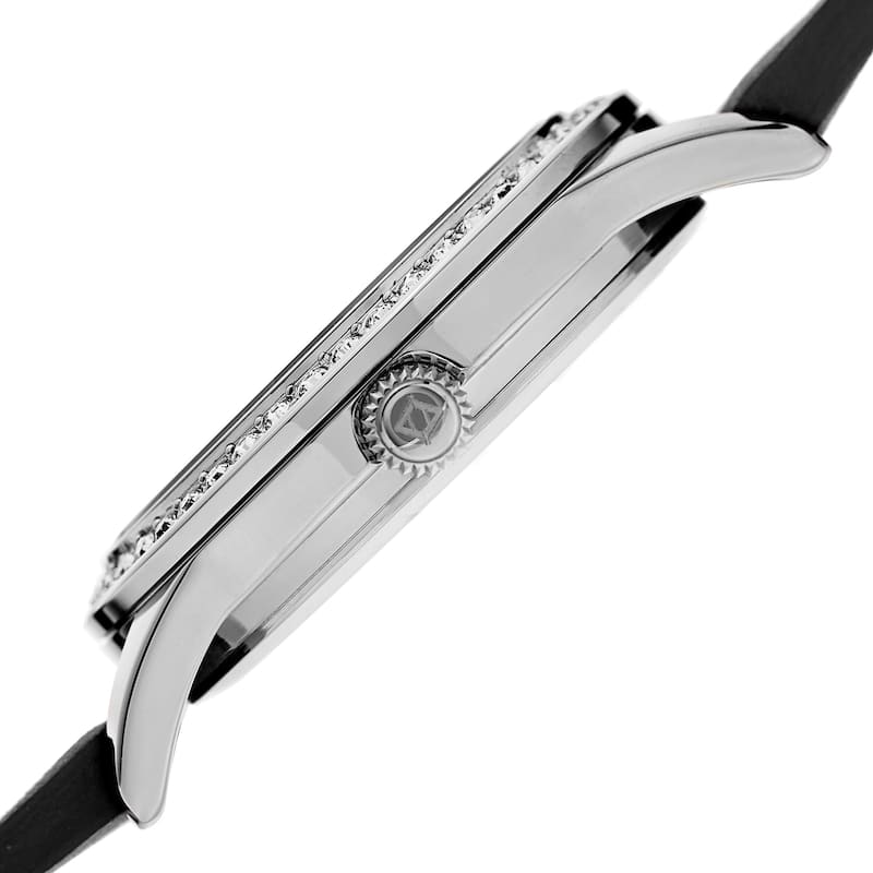 Akribos XXIV Women's Quartz Diamond Leather Black Strap Watch