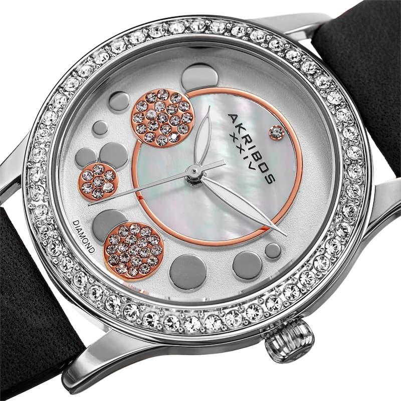 Akribos XXIV Women's Quartz Diamond Leather Black Strap Watch