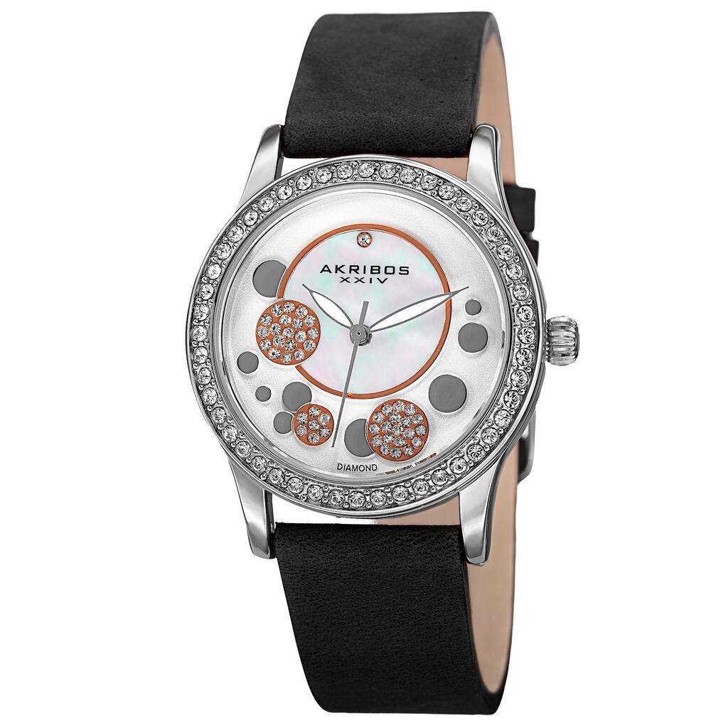 Akribos XXIV Women's Quartz Diamond Leather Black Strap Watch