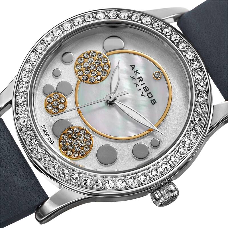 Akribos XXIV Women's Quartz Diamond Leather Blue Strap Watch - grey