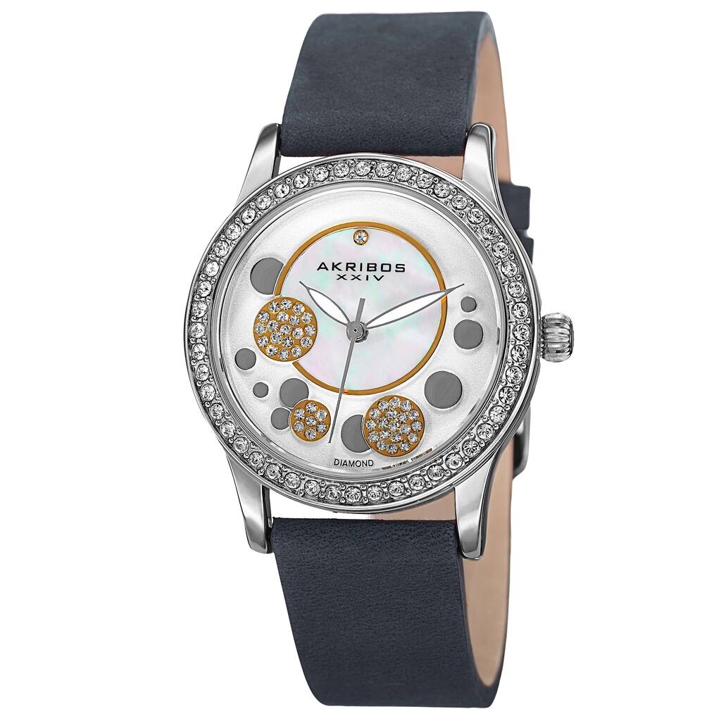 Akribos XXIV Women's Quartz Diamond Leather Blue Strap Watch - grey