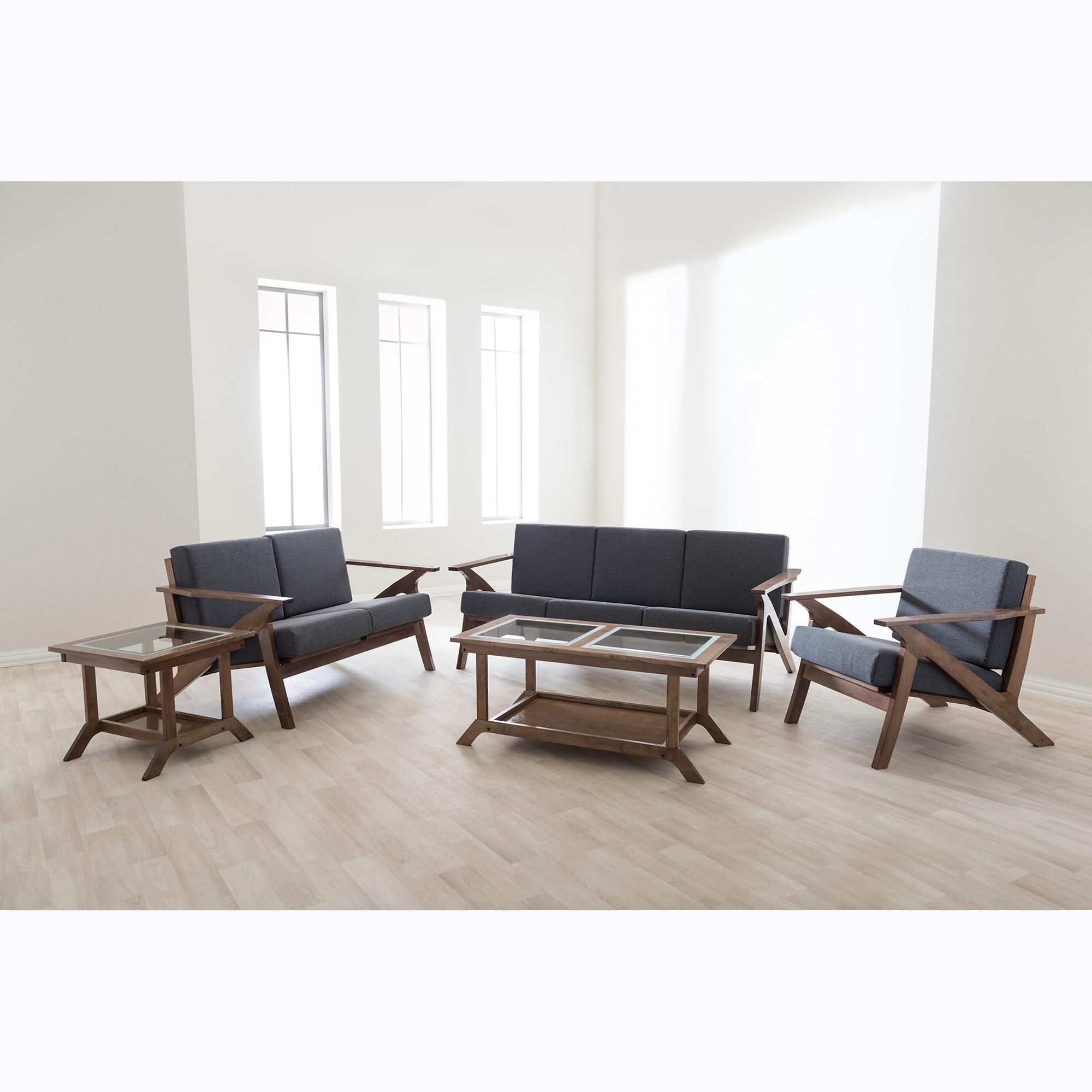 Baxton Studio Cymone Mid century Modern Walnut Wood Grey Fabric Living Room 5 piece Set