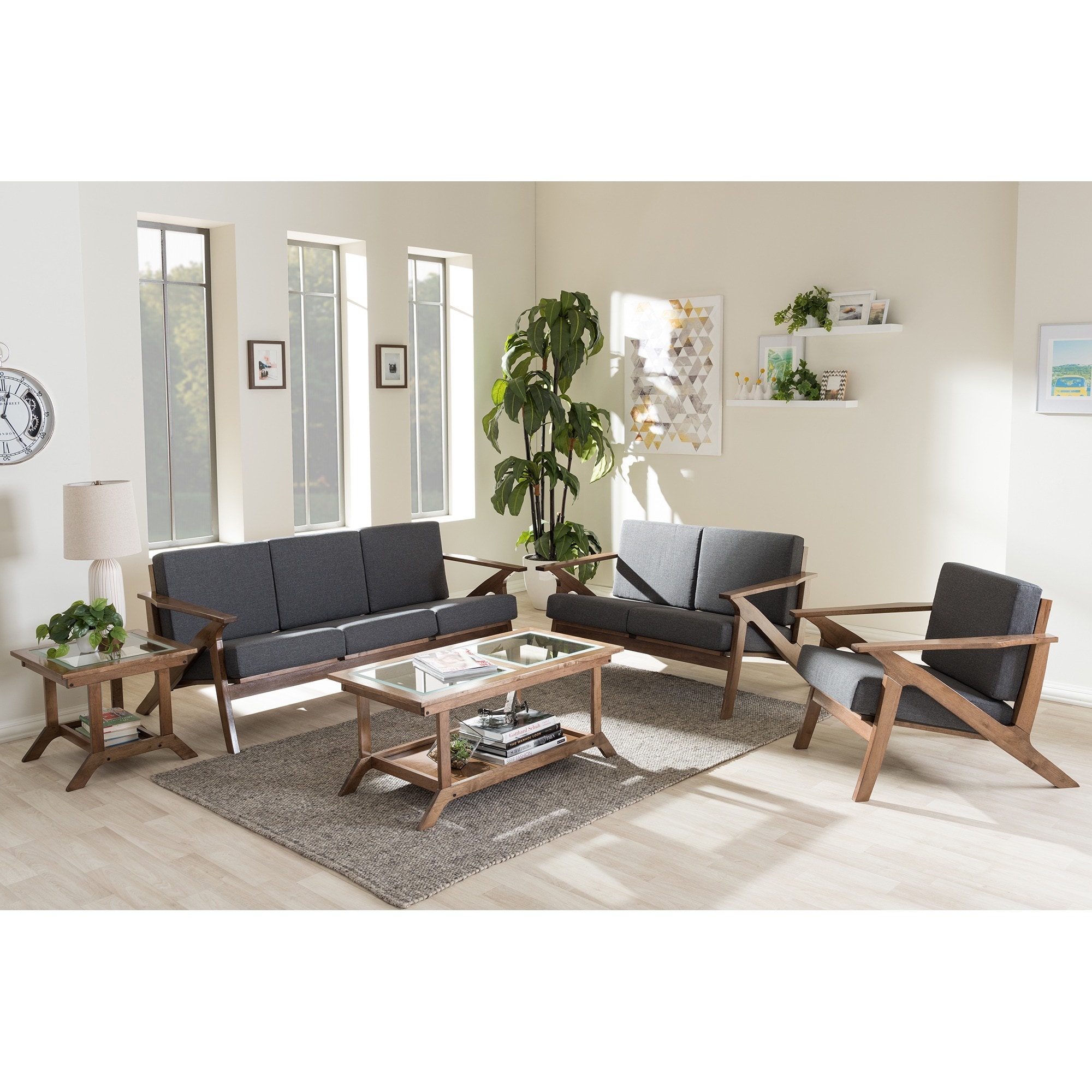 Baxton Studio Cymone Mid century Modern Walnut Wood Grey Fabric Living Room 5 piece Set