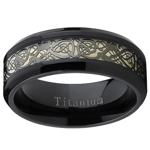 Oliveti Men's Black Titanium Celtic Dragon Inlay Comfort Fit Wedding Band