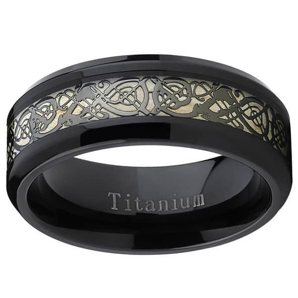 slide 1 of 4, Oliveti Men's Black Titanium Celtic Dragon Inlay Comfort Fit Wedding Band 15