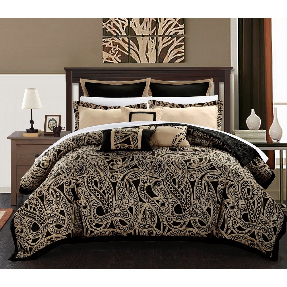 Chic Home Tullia Black/Beige Reversible 12-Piece Comforter/Quilt Set