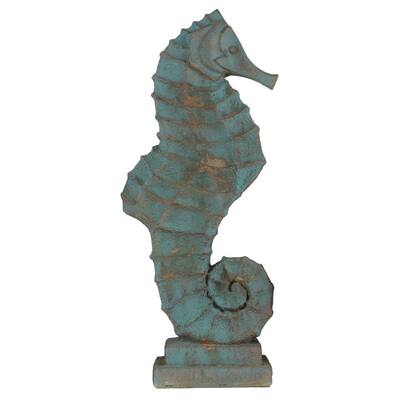 Distressed Cadet Blue Finish Fiberstone Seahorse Figurine on Base
