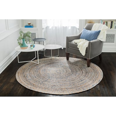 Jani Keira Denim and Jute Hand-Loomed Rug - Kerala Round 8-Feet Area Rug, Durable Denim Jute Carpet