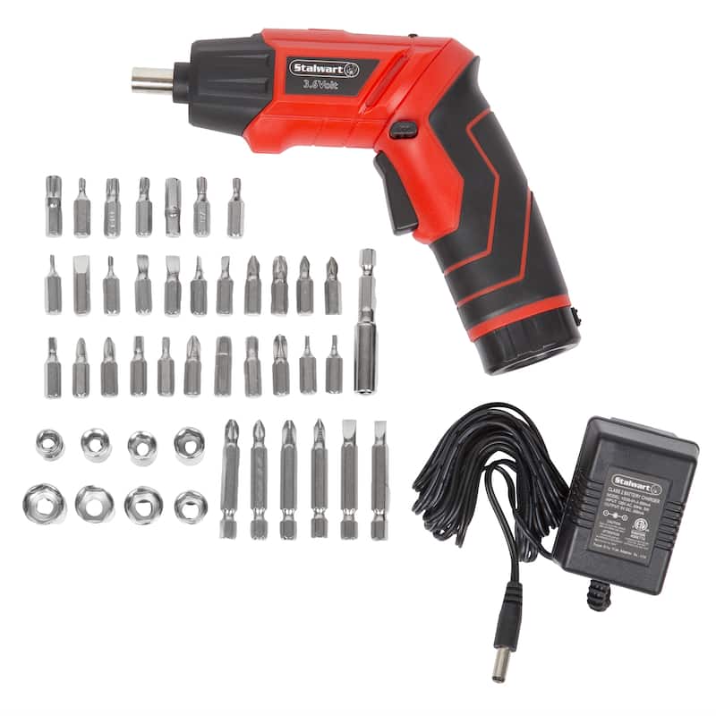 45-Piece Pivoting Screwdriver Set - Cordless Power Tool with Rechargeable 3.6V Battery, 2 LED Flashlights, Sockets by Stalwart