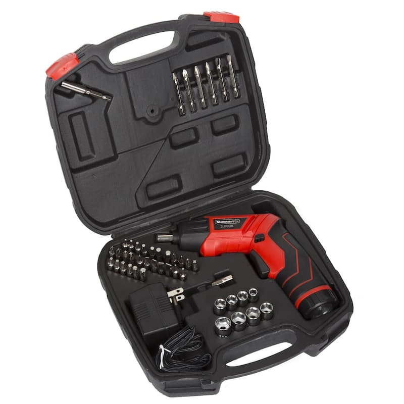 45-Piece Pivoting Screwdriver Set - Cordless Power Tool with Rechargeable 3.6V Battery, 2 LED Flashlights, Sockets by Stalwart