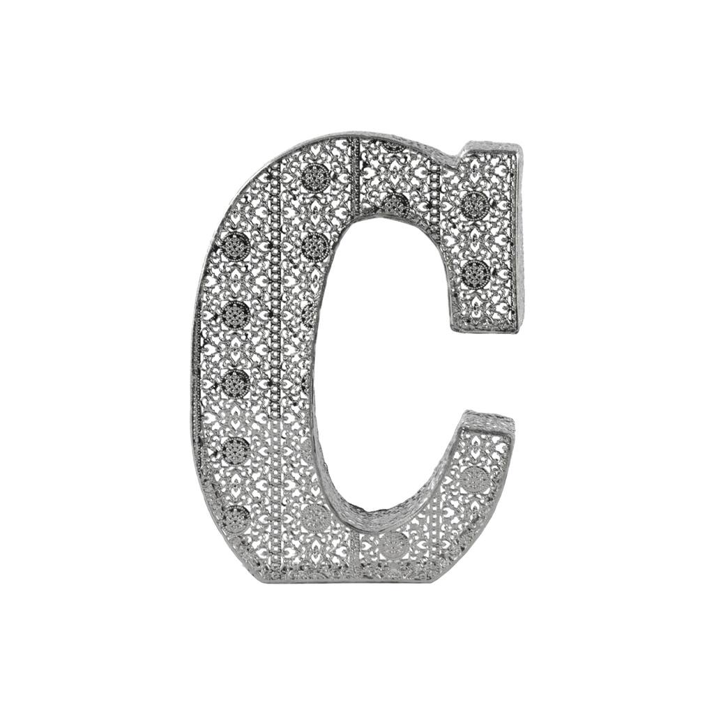 Metal Alphabet Wall Decor Letter 'C' with Pierced Metal Design Distressed Metallic Finish Silver