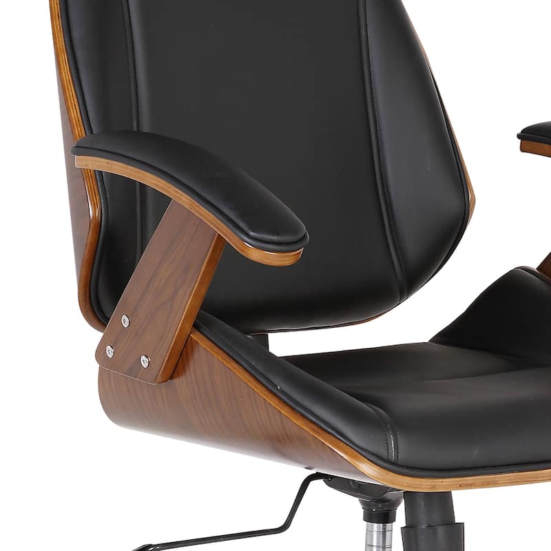 Armen Living Century Black PU Leather Office Chair with Walnut Veneer Back and Chrome Finish Base
