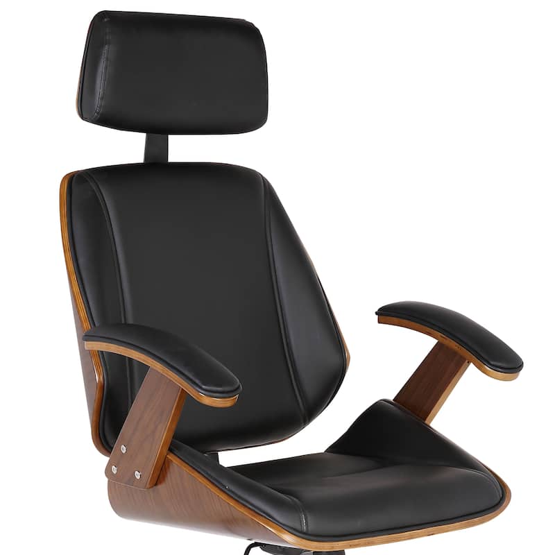 Armen Living Century Black PU Leather Office Chair with Walnut Veneer Back and Chrome Finish Base