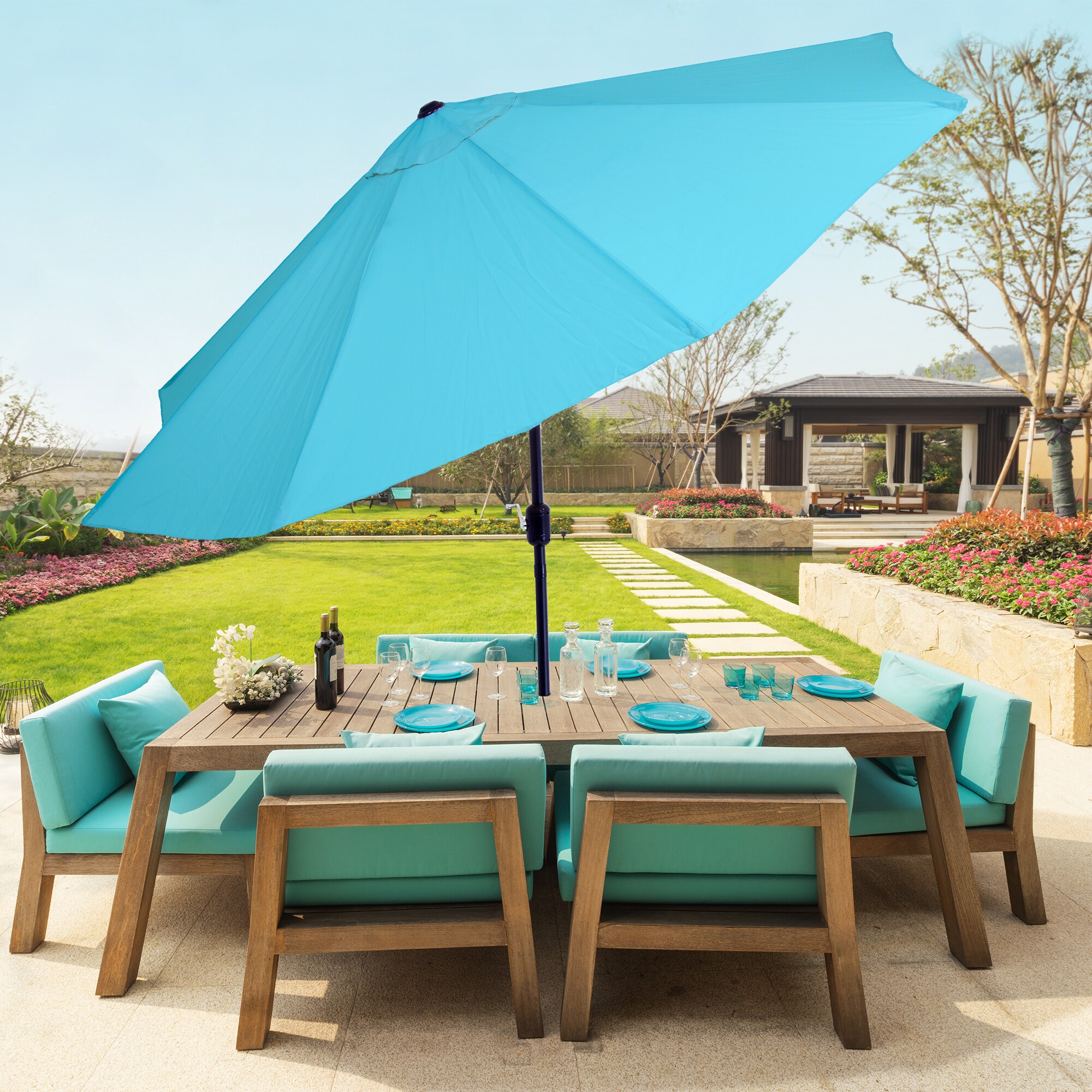 Shop Black Friday Deals On Pure Garden 10 Foot Blue Aluminum Patio Umbrella With Auto Tilt Overstock 11614941