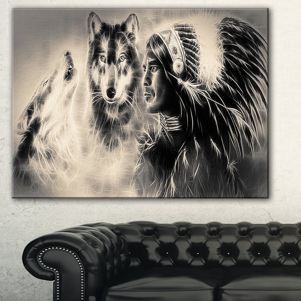 Designart Indian Warrior With Wolves Digital Art Canvas Print Overstock 11614954