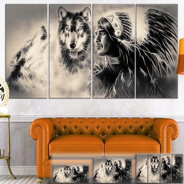 Designart 'Indian Warrior with Wolves' Digital Art Canvas Print