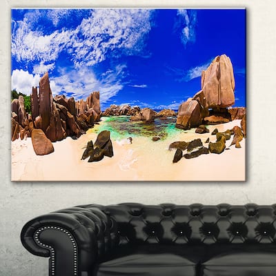 Designart "Tropical Beach at Seychelles" Landscape Photo Canvas Print - Blue