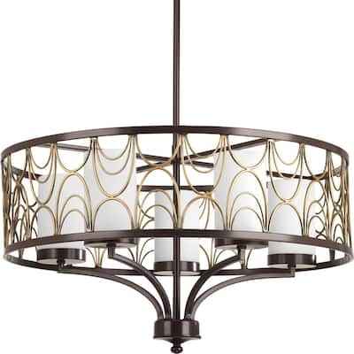 Cirrine Collection 5-Light Antique Bronze Etched White Glass Global Chandelier Light - N/A