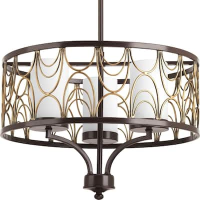 Cirrine Collection 3-Light Antique Bronze Etched White Glass Global Chandelier Light - N/A