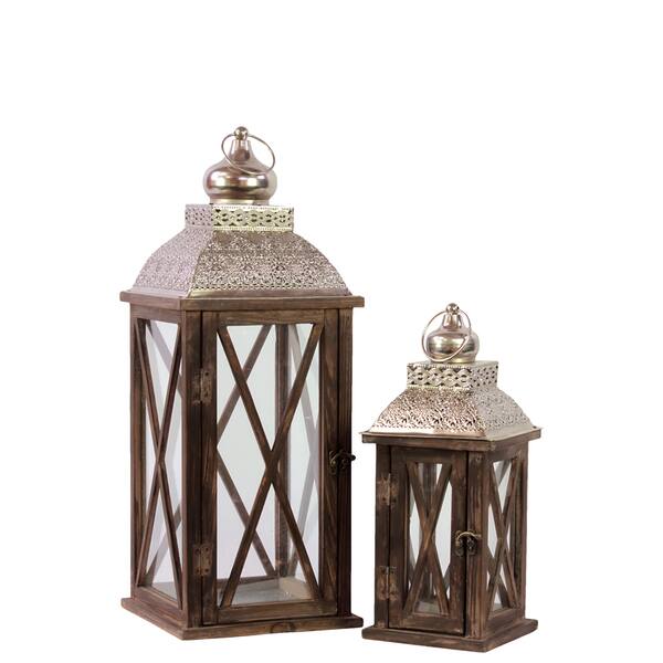 11624475 Wood Square Lantern with Crossed Glass Windows (Set of 2) - Bed Bath ...
