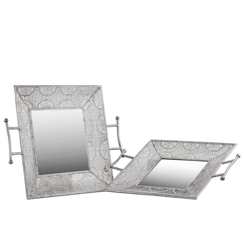 Metal Square Tray with Mirror Surface and Pierced Metal Edging (Set of 2)