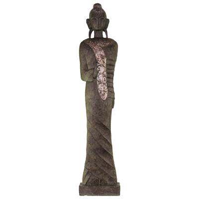 Resin Standing Buddha Figurine with Rounded Ushnisha in Abhaya Mudra on Platform Large Antique Finish Dark Bronze