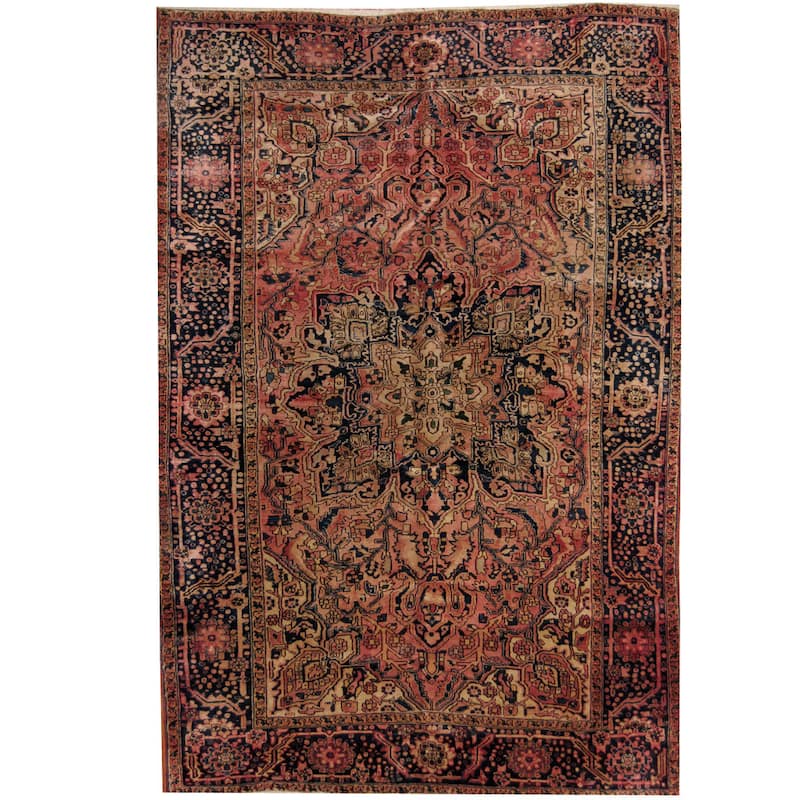 Handmade Herat Oriental Persian 1940s Semi-antique Heriz Rust/ Navy Wool Rug (Iran) - 7'7 x 11'