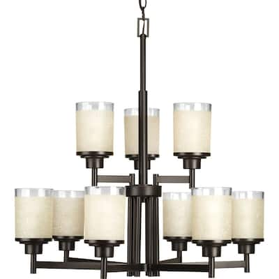 Alexa Collection 9-Light Antique Bronze Etched Umber Linen With Clear Edge Glass Modern Chandelier Light - N/A