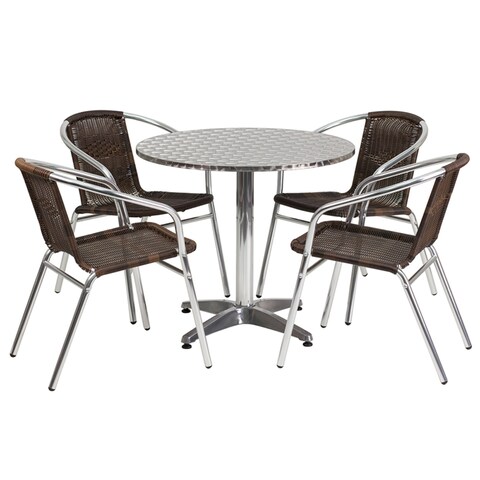 Offex 31.5-inch Round Aluminum Lightweight Indoor-outdoor Table with 4 Rattan Chairs