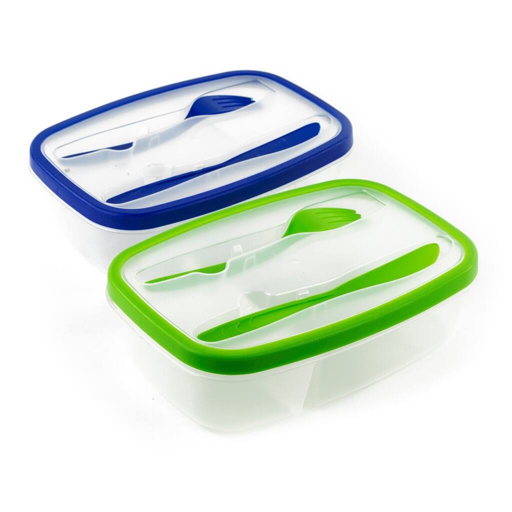 Pack of 2 Plastic Bento Lunch Box Set with Utensils - Food Storage Containers