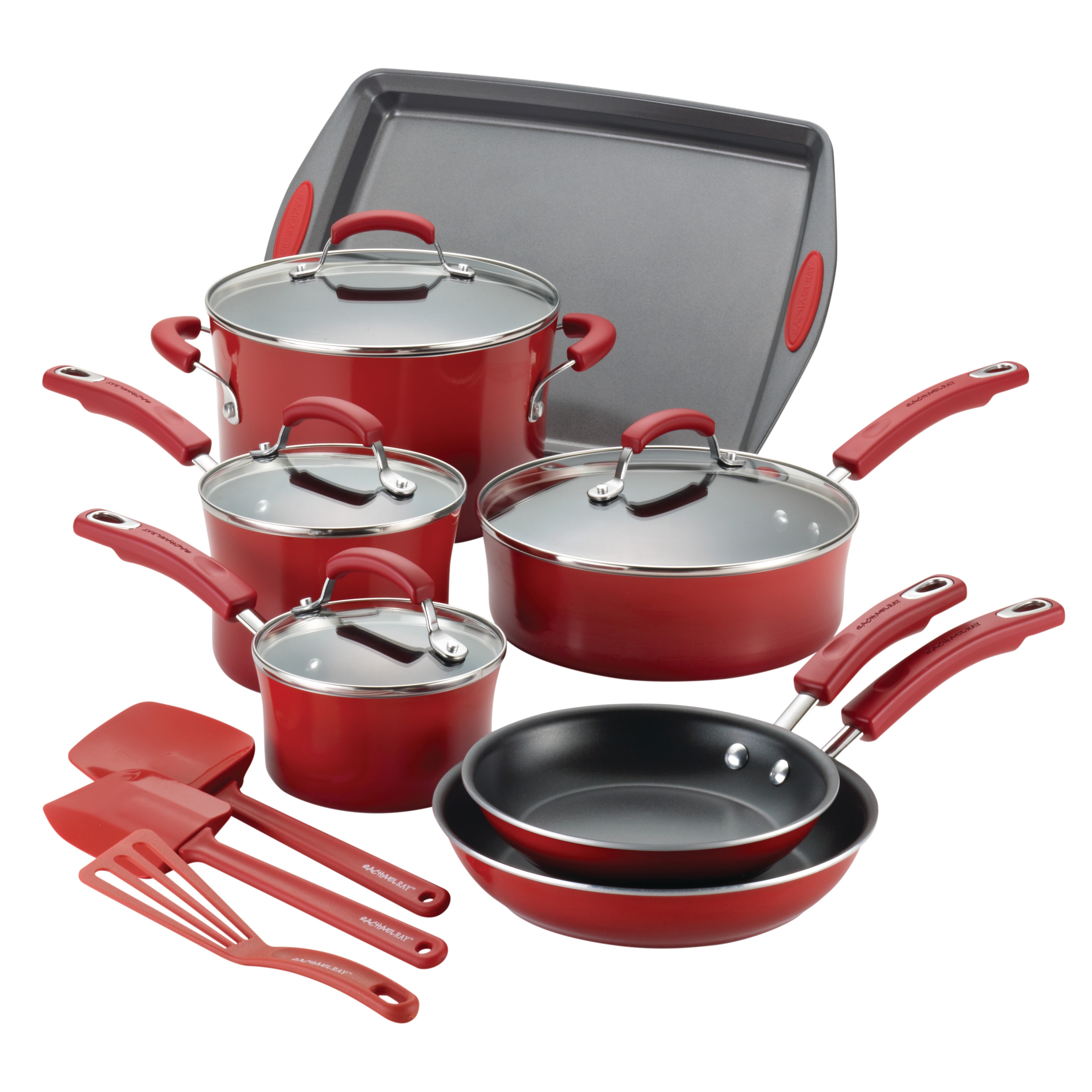 Cookware Set 14-Piece Pots Pans Non-Stick Kitchen Hard Enamel Orange Rachel Ray 