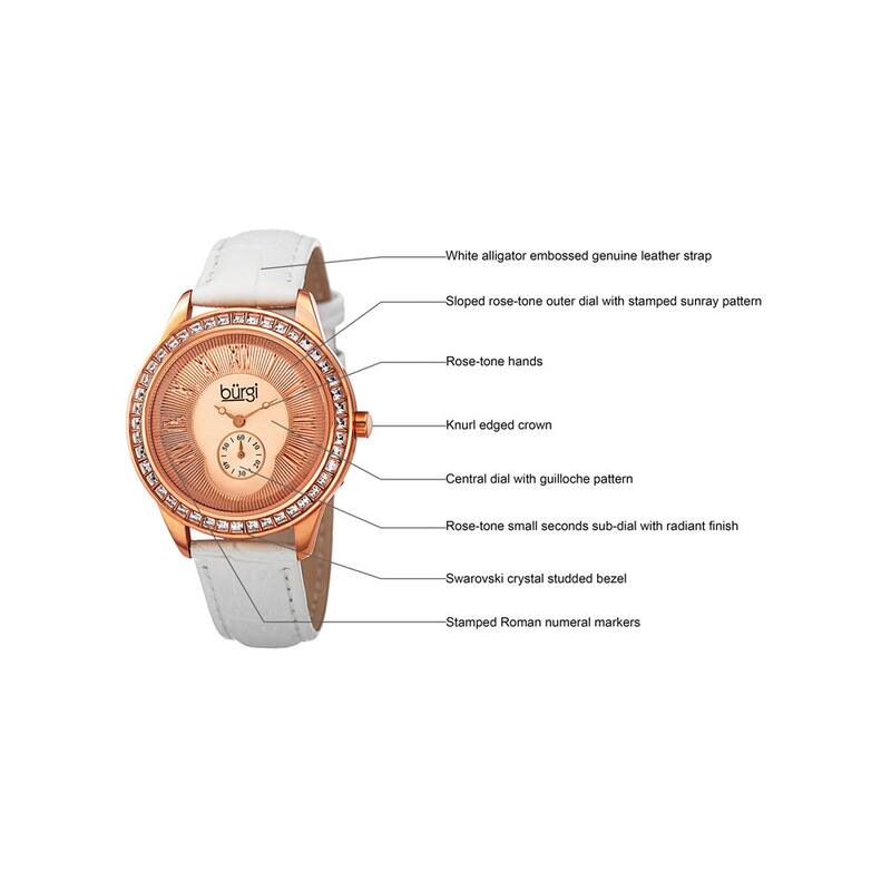 Burgi Women's Quartz Austrian Crystal Leather Strap Watch - White