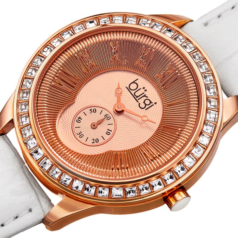Burgi Women's Quartz Austrian Crystal Leather Strap Watch - White