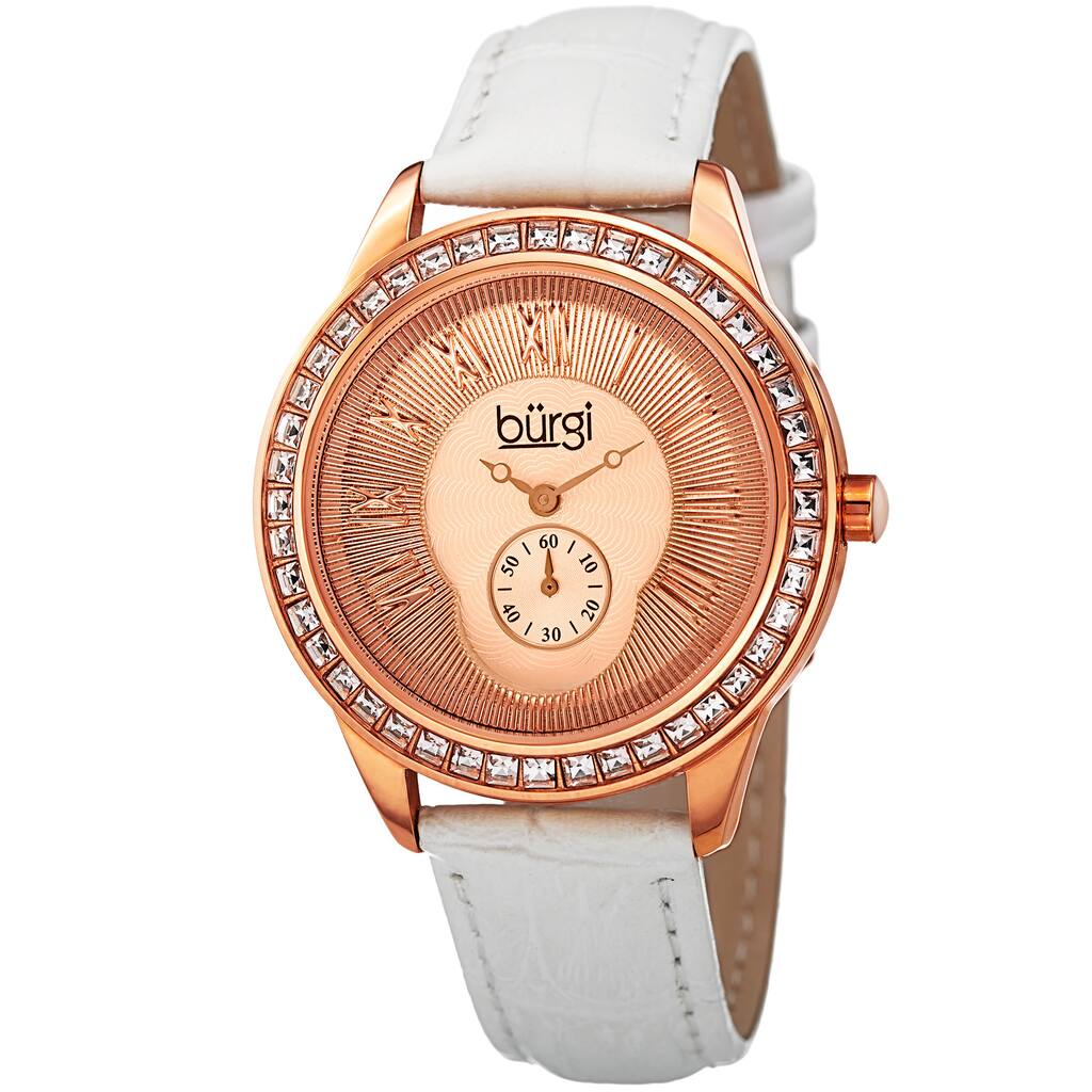 Burgi Women's Quartz Austrian Crystal Leather Strap Watch - White