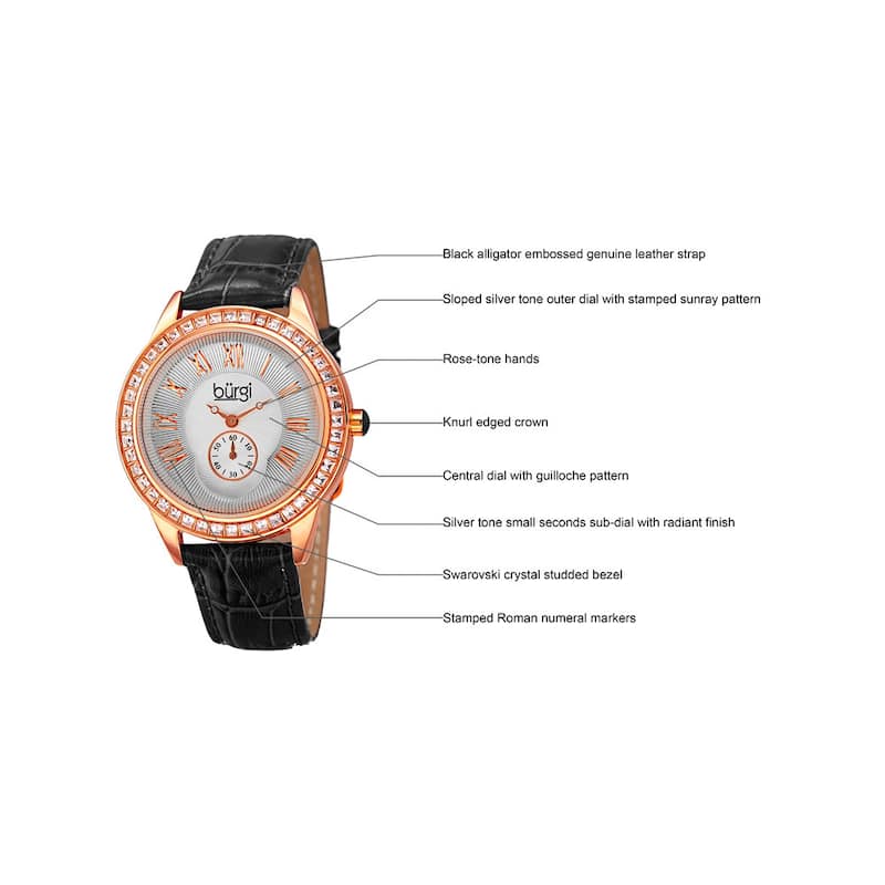 Burgi Women's Quartz Austrian Crystal Leather Strap Watch - black