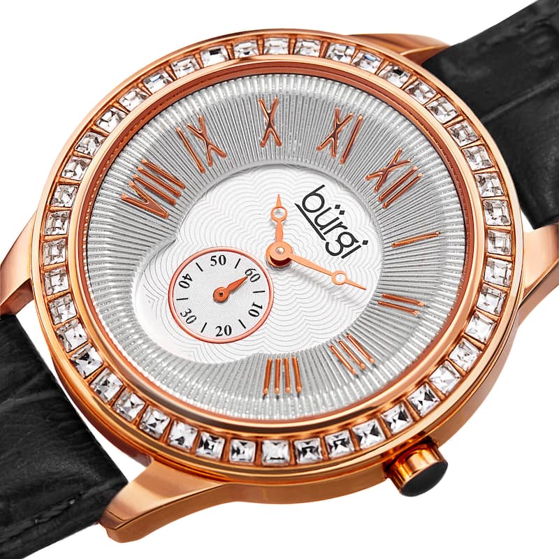 Burgi Women's Quartz Austrian Crystal Leather Strap Watch - black