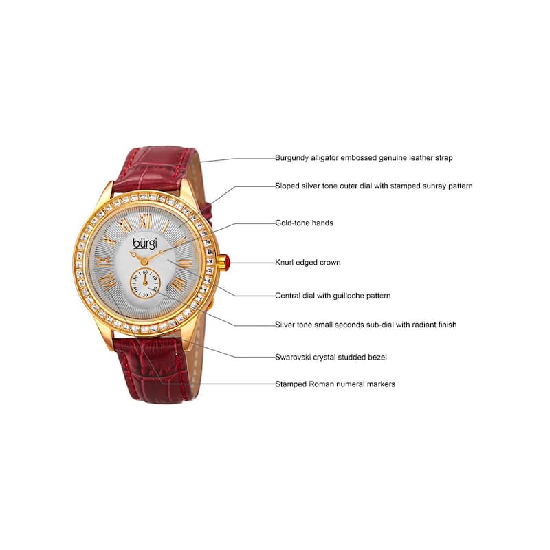 Burgi Women's Quartz Austrian Crystal Leather Strap Watch - Red