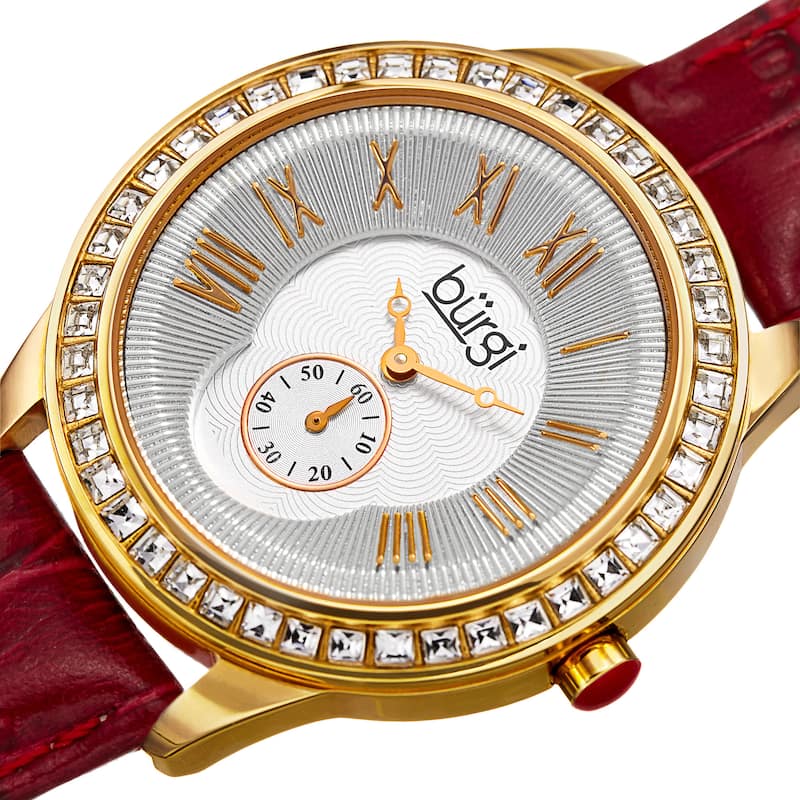 Burgi Women's Quartz Austrian Crystal Leather Strap Watch - Red