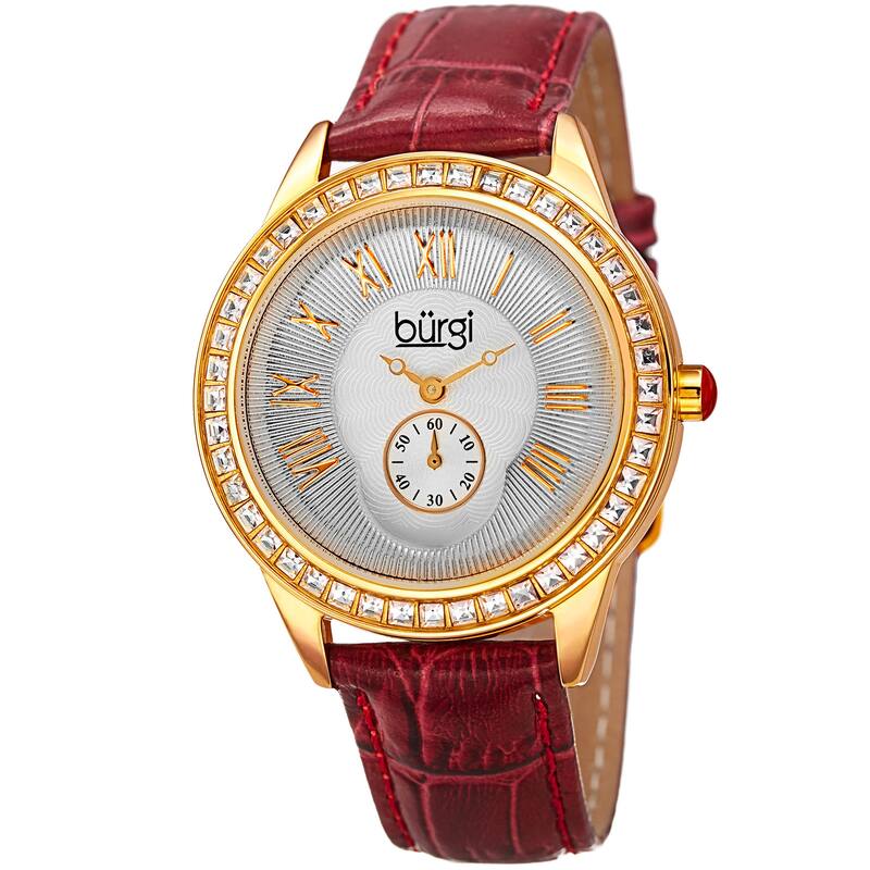 Burgi Women's Quartz Austrian Crystal Leather Strap Watch - Red