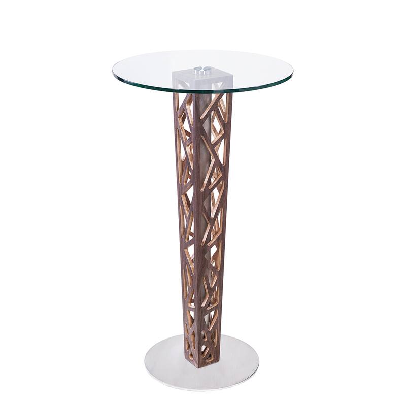 Armen Living Crystal Bar Table with Clear Tempered Glass Top - Brown