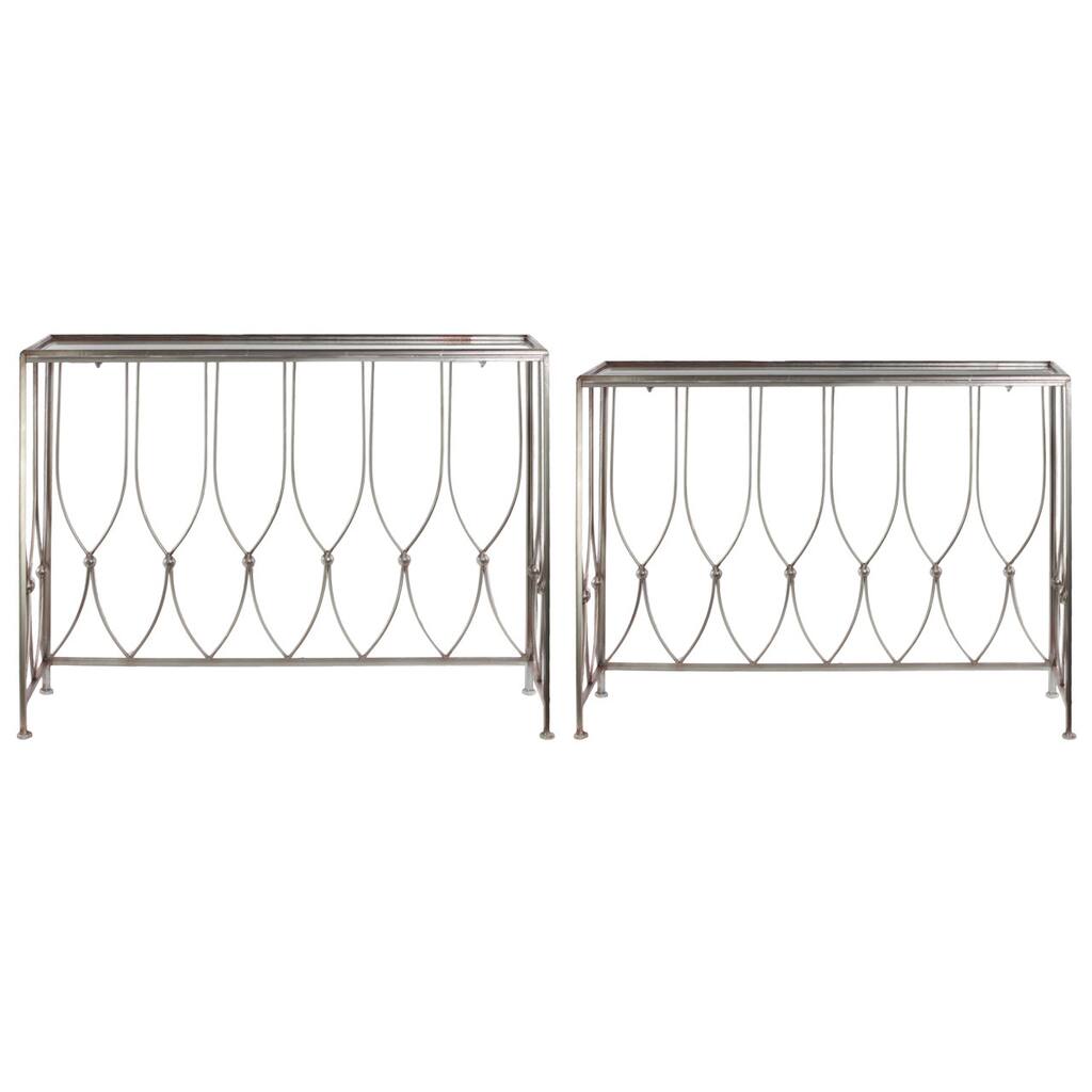 Metal Rectangular Nesting Console Table with Beveled Mirror Top and Rectangular Base Set of Two (2)Tarnished Finish Champagne