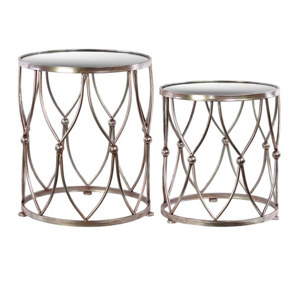 Metal Round Table with Beveled Mirror Top Set of Two Distressed Metallic Finish Champagne