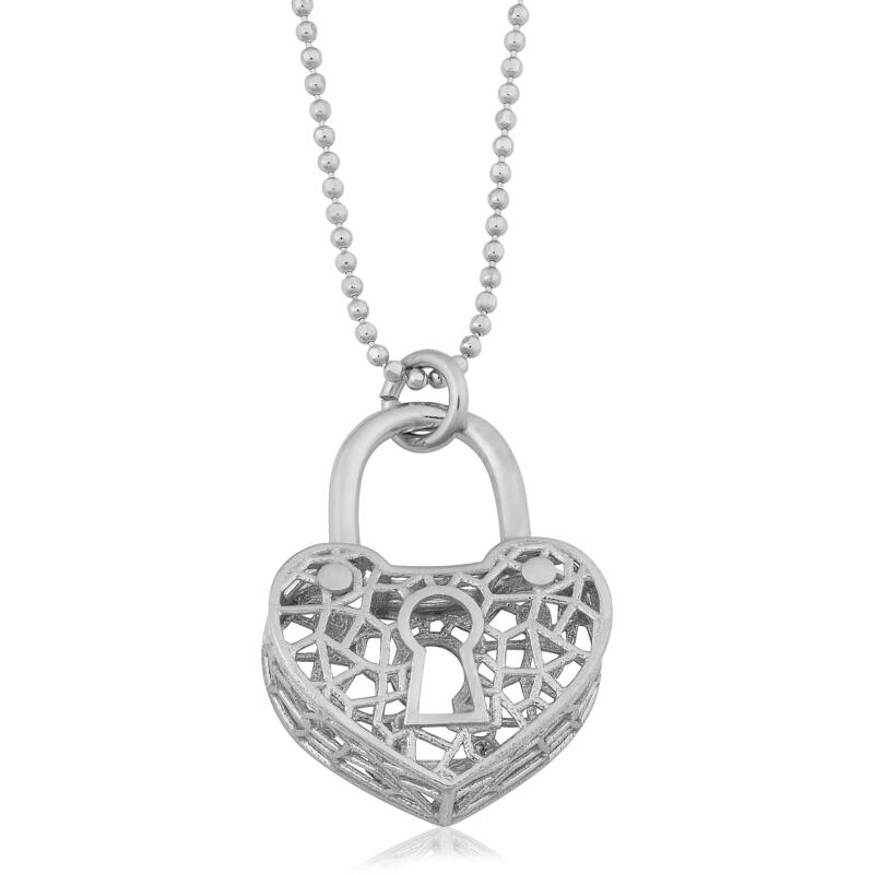 Argento Italia Rhodium Plated Sterling Silver Keyhole Heart Pendant on Bead Chain Necklace (18 inches)