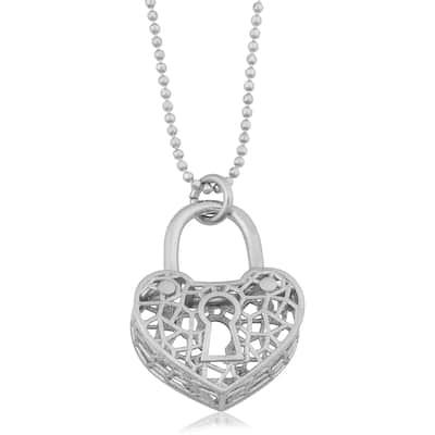 Argento Italia Rhodium Plated Sterling Silver Keyhole Heart Pendant on Bead Chain Necklace (18 inches)