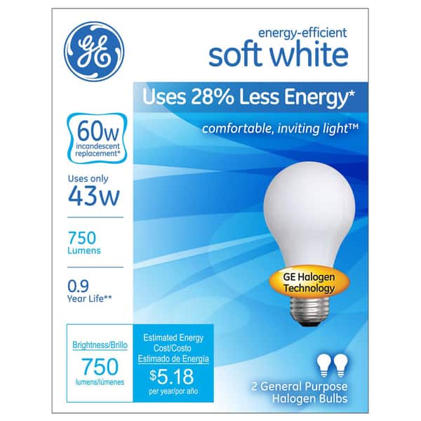 GE Lighting 63003 43 Watt White Halogen Light Bulb 2count Bed Bath